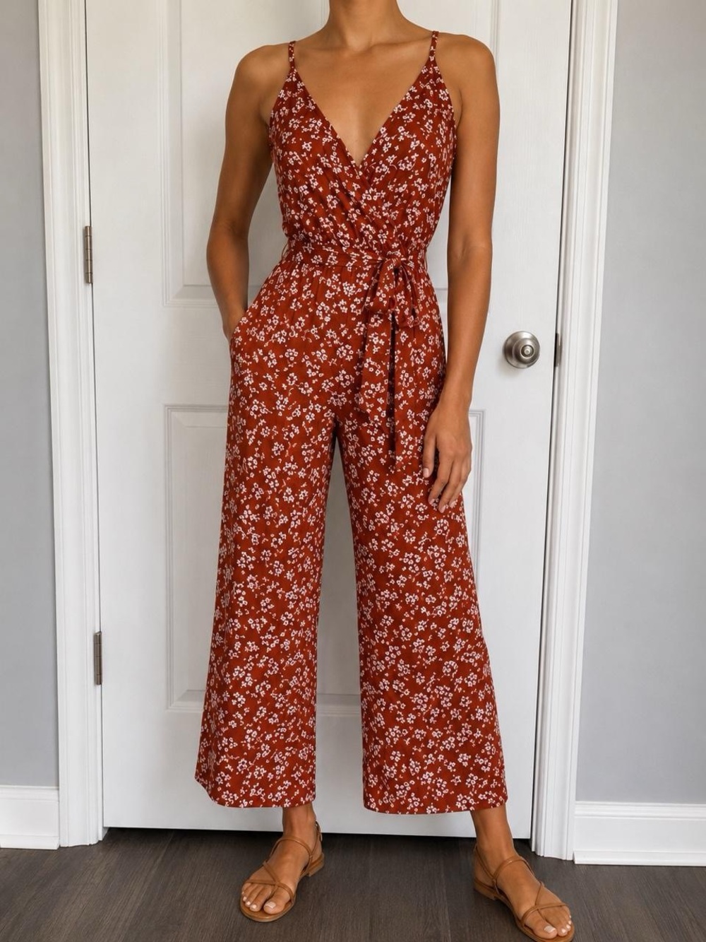 Floral Rust Wide-Leg Jumpsuit with Tie Waist